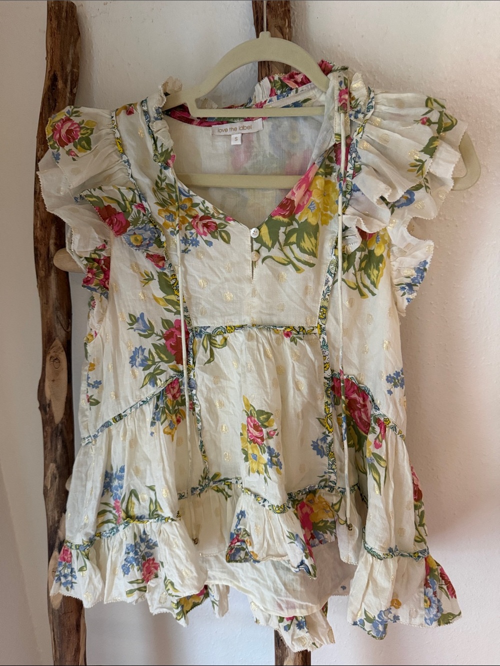 Love The Label Cream Floral Ruffle-Sleeve Cotton Flowy Keyhole Top Small